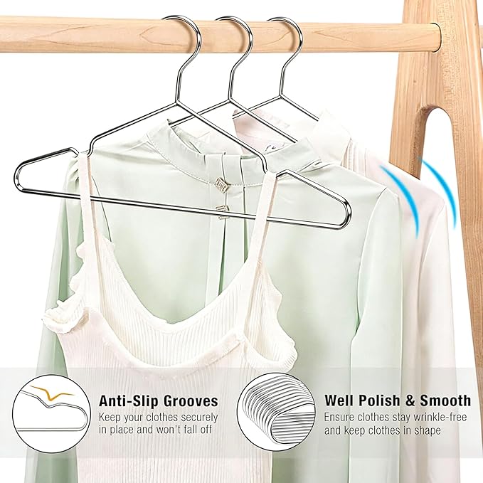 40 Pack Clothes Hangers, METLUCK 17.7 Inch Metal Hangers Heavy Duty Wire Coat Hangers with Non-Slip Notch, Strong Stainless Steel Clothing Hanger Space Saving for Closet, Silver