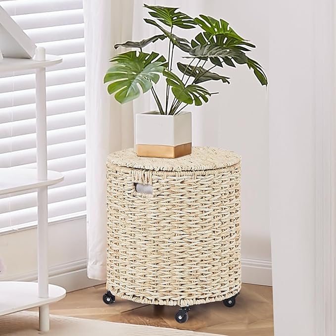 Wimarsbon Vintage Storage Basket, Multipurpose Rolling Hamper With Brakable Wheels and Lid, Braid Laundry Bin, Handwave Clothes Toy Organizer Tote for Living Room