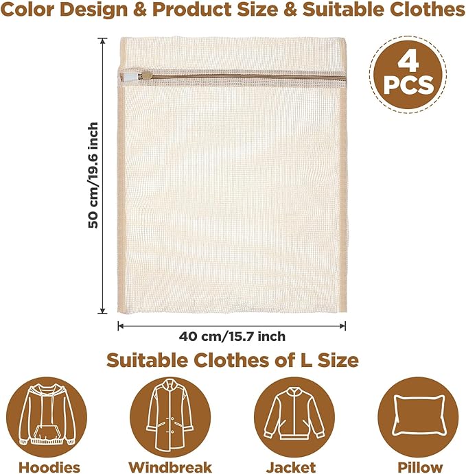4 Pcs Cotton Mesh laundry Bags for Delicates 19.6×15.7 inch Large Organic Cotton Mesh Laundry Bags Durable Breathable with Zipper Garment Was Bag for Lingerie Underwear Baby Clothes Pants Socks