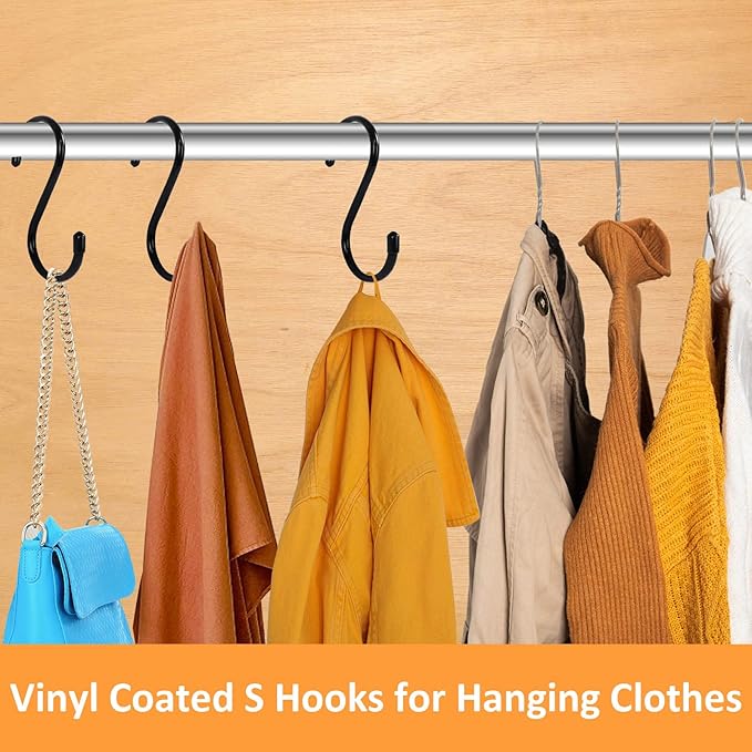 12 Pack 5 Inch S Hooks for Hanging, Large Vinyl Coated Closet Hooks Non Slip Heavy Duty, Rust Proof Steel Black Metal S Hooks for Hanging Jeans Plants Clothes Bag Purse Bird Feeder Pot Pan Cups Towel