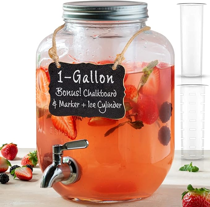 Le’raze 1 Gallon Glass Water Dispenser with Stainless Steel Spigot + Marker & Chalkboard, & Ice Cylinder - 100% Leakproof Beverage Mason Jar Drink Dispenser Gallon Jug - Laundry Detergent Holder.