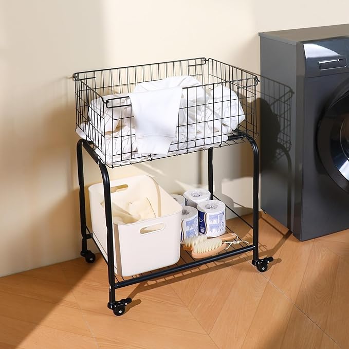31" height Rolling Laundry Basket with Wheels, Heavy Duty 2-Tier Metal Wire Laundry Cart, Foldable Hamper with Industrial Wheels & Brakes for Clothes, Bedroom, Dorm, Apartment (Black)