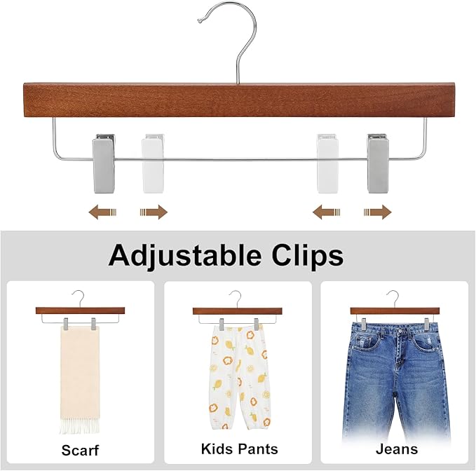 TOPIA HANGER Lotus Wood Pants Hangers, Walnut Wooden Skirt Short Jeans Trouser Hanger with Smooth Surface 360° Swivel Hook Anti Rust 2 Adjustable Clips, 10 Pack CT10PWA