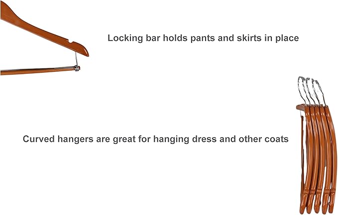 Pillowtex Wood Coat Clothes Closet Hanger w/Locking Bar - Set of 10 Cherry Finish Hangers
