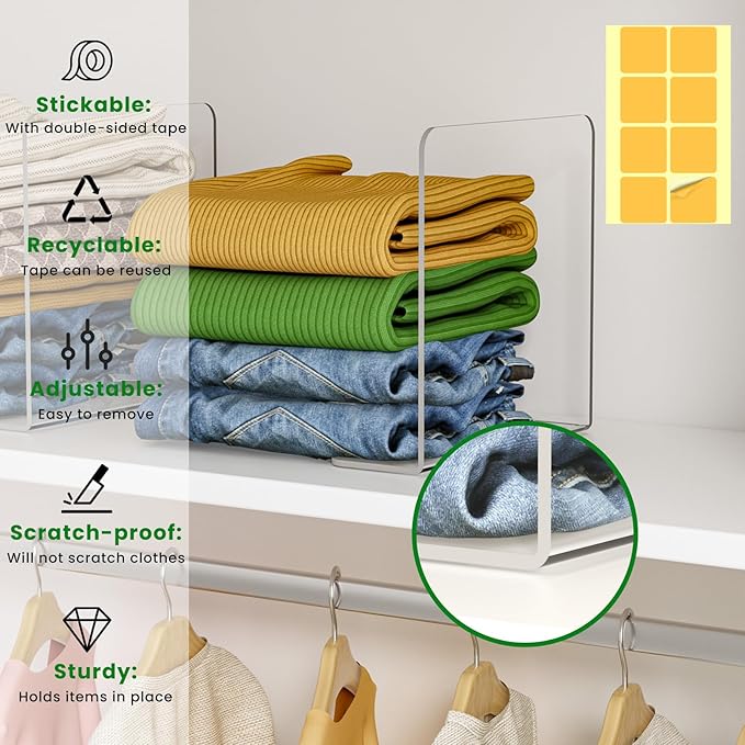 Shelf Dividers for Closet Organization - 4 Pack 10" Tall X 8.4" Deep Acrylic Adhesive Separators, 30s Tool-Free Install, Clear Vertical Closet Dividers for Clothes, Handbags & Towels