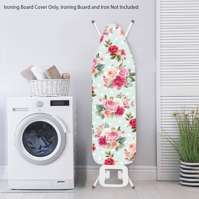 Flower Print Cover for Ironing Board 15x54 Inch Standard Size Flower Print Iron Board Cover with Elastic Edge Universal Fit, Hook and Loop Design
