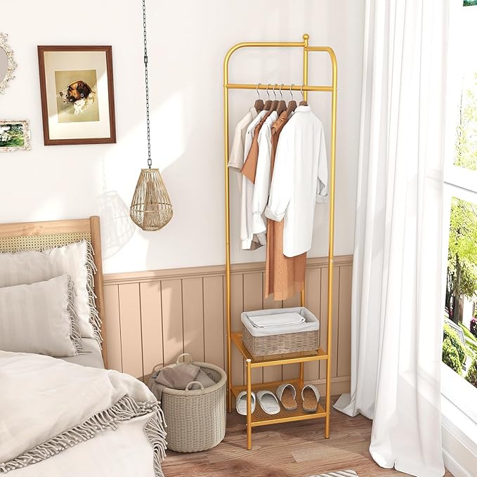 Tangkula Corner Coat Rack with Storage, Simple Hall Tree with Hanging Rod & 2 Mesh Shelves, Anti-toppling Devices, Freestanding Metal Clothes Rack Shoes Shelf Organizer for Entryway Bedroom (Golden)