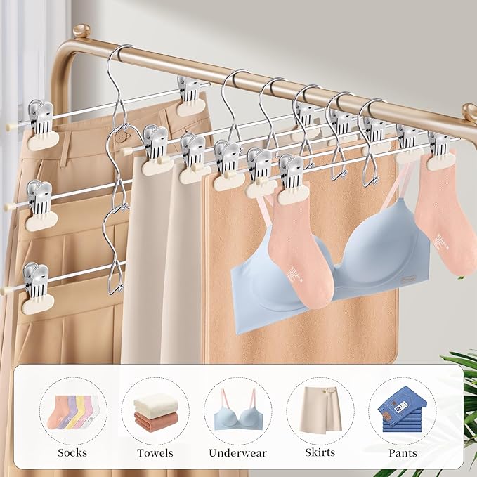 HUADYMEET 14Inch Pants Skirt Hangers Space Saving with Adjustable Wide Clips,Heavy Duty Stackable Non-Slip Metal Clothes Hanger for Men, Women, Jeans, Trousers, Shorts, Slacks,50 Pack（Beige）