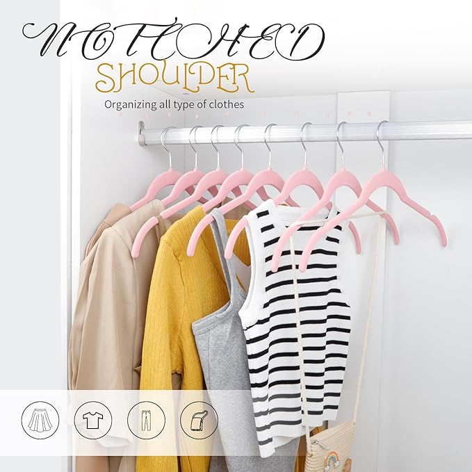 ManGotree 50 Pack Velvet Shirt Hangers for Women, 16.5'' Suit Hangers with 360° Swivel Hook, Non-Slip Coat Clothes Hangers for Tank Top, Shirts, Dress, Blouses, Strappy Dresses (Pink)