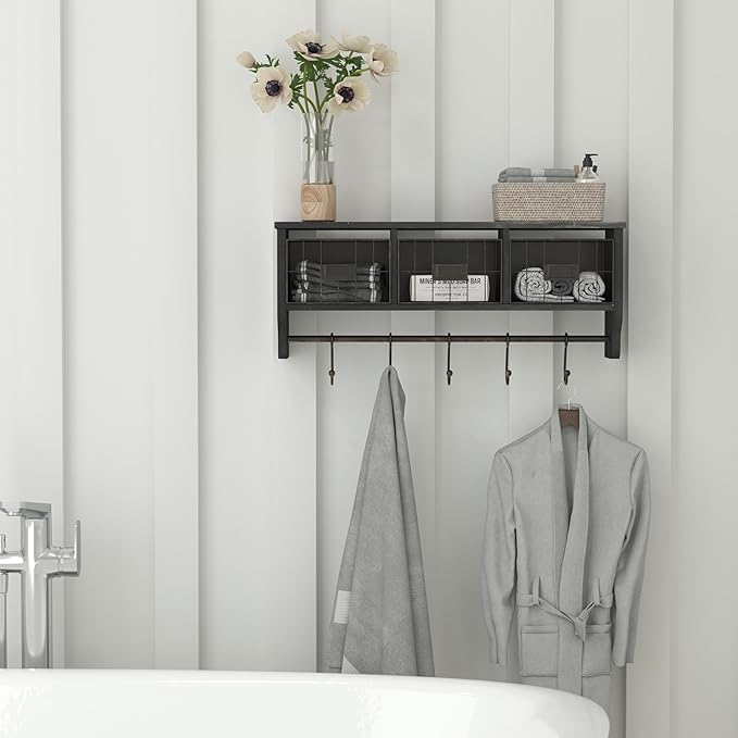 Flash Furniture Daly Wall Mounted Storage Rack - Blackwashed Solid Pine Wood - 24 Inch - Upper Shelf - 5 Hooks - Wire Baskets - For Entryway, Kitchen, Bathroom