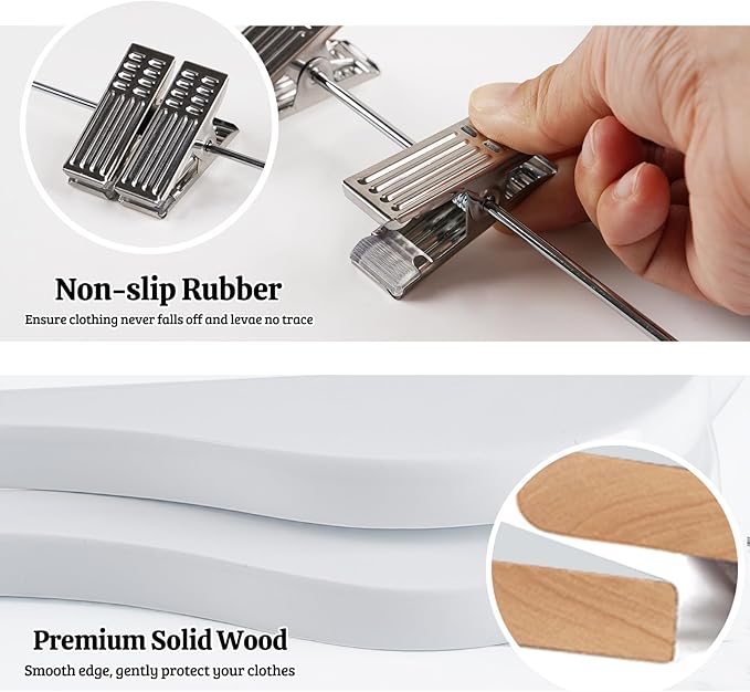 White Wooden Skirt Hangers with Clips 16Pack, Wooden Coat & Pants Hangers with Adjustable Metal Clips for Slacks, Jeans, Shorts, Jacket, Blouse, Clothes & Suit
