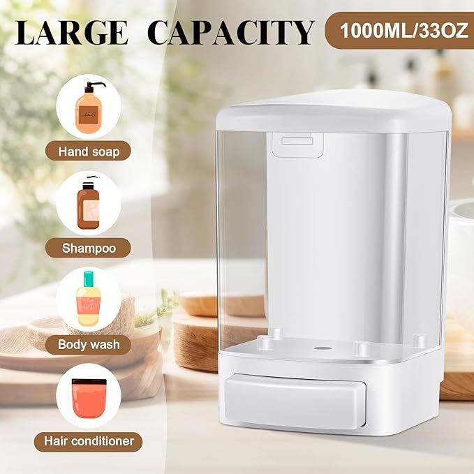 Hushee Manual Soap Dispenser 33.8oz / 1000ml Kitchen Bathroom Plastic Refillable Wall Mounted Commercial Soap Dispenser for Liquid Containers Shampoo Gel Chamber Hotel Restaurant(Transparent)