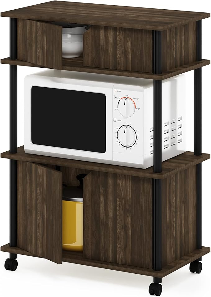 Furinno Turn-N-Tube Kitchen Storage Cart with Cabinet and Lockable Wheels, Columbia Walnut/Black