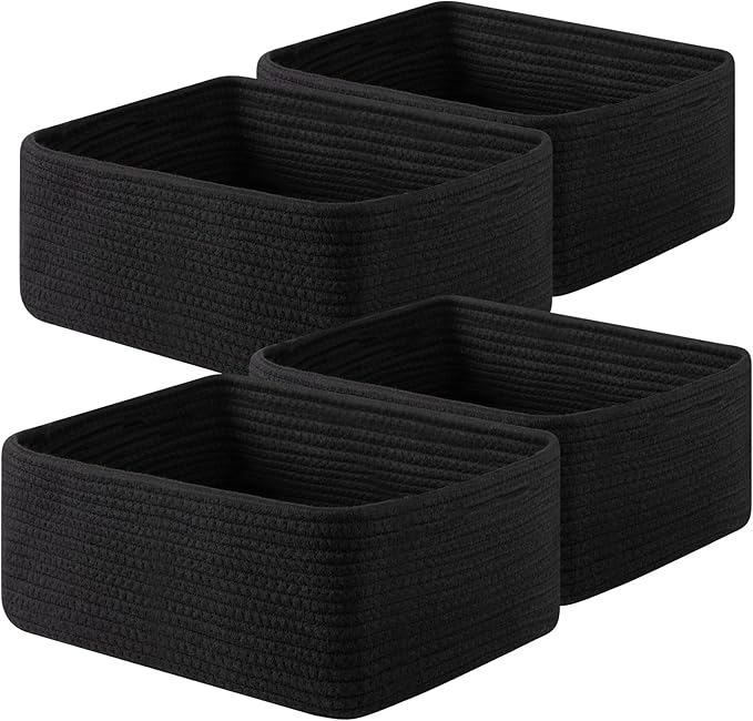OIAHOMY 4 Pack 14.17 * 11.02 * 6.3IN Storage Baskets for Organizing Shelves, Woven Rope Baskets for Organizing Books, Clothes, Decorative Basket for Living Room, Nursery, Bedroom, Gift Basket, Black