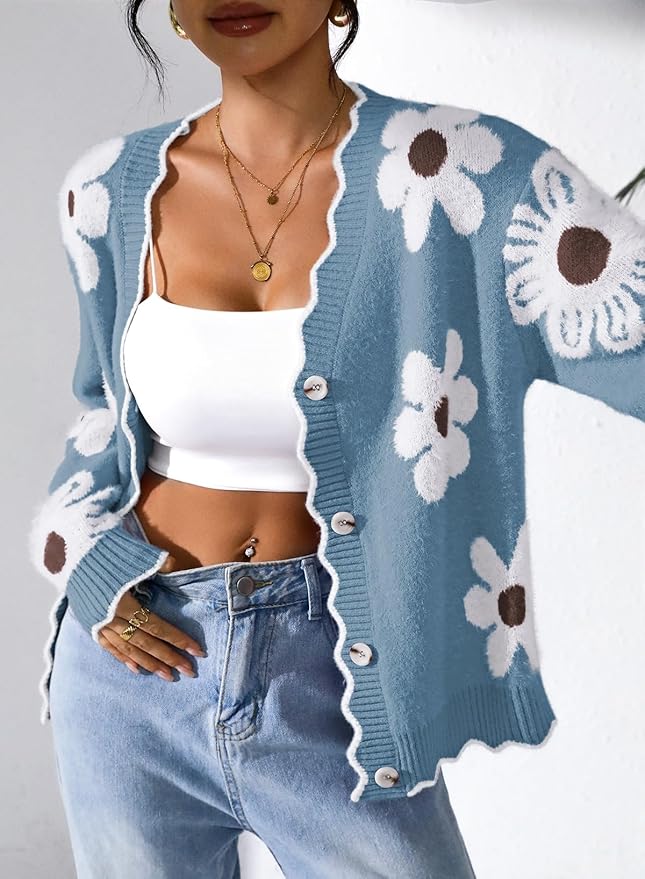 Pink Queen Fuzzy Sweater Cardigan for Women 2025 Fashion Long Sleeve Flower Outerwear Button Down Open Front Cardigan Coat