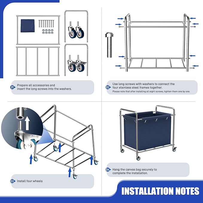 Commercial Laundry Cart with Wheels, 440 lbs Heavy Duty Industrial Laundry Cart with Sturdy Frame and Oxford Bag for Home Hotel Hospital, Rolling Laundry Cart for Home & Hotel, 400L(Blue)