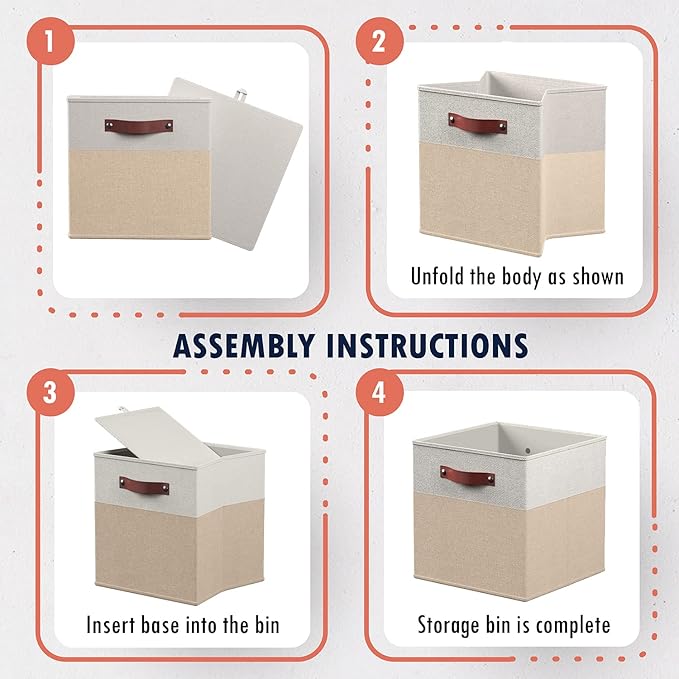 Ornavo Home 13 x 15 x 13 Kallax Storage Cube Bins, Foldable Collapsible Fabric Storage Bins Box Linen Shelf Basket Cube Organizer for Closet with Leather Handles, 6 Pack, White/Khaki