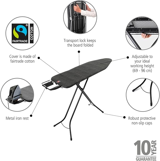 Brabantia Size B Ironing Board (49x15 in) 7 Height Options, Adjustable Steam Iron Rest Holder (Denim Black) Non-Slip Feet, Anti-Collapse Child Locks