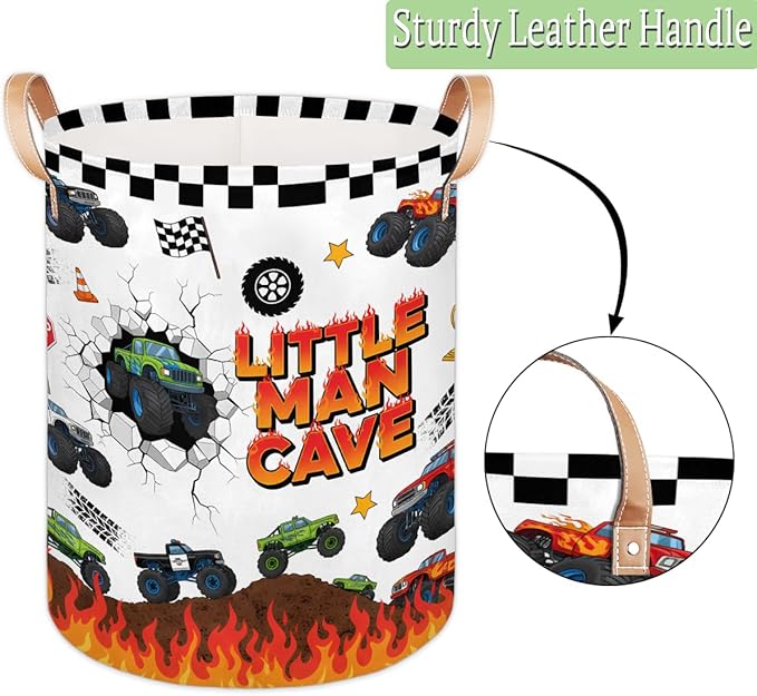 Large Laundry Basket Hamper - Monster Car Trucks Collapsible Storage Bin for Blankets, Kids Toys, Clothes, Little Man Cave 62L Tall Baby Nursery Hamper for Bathroom, Boys Bedroom Decor,Gift Basket