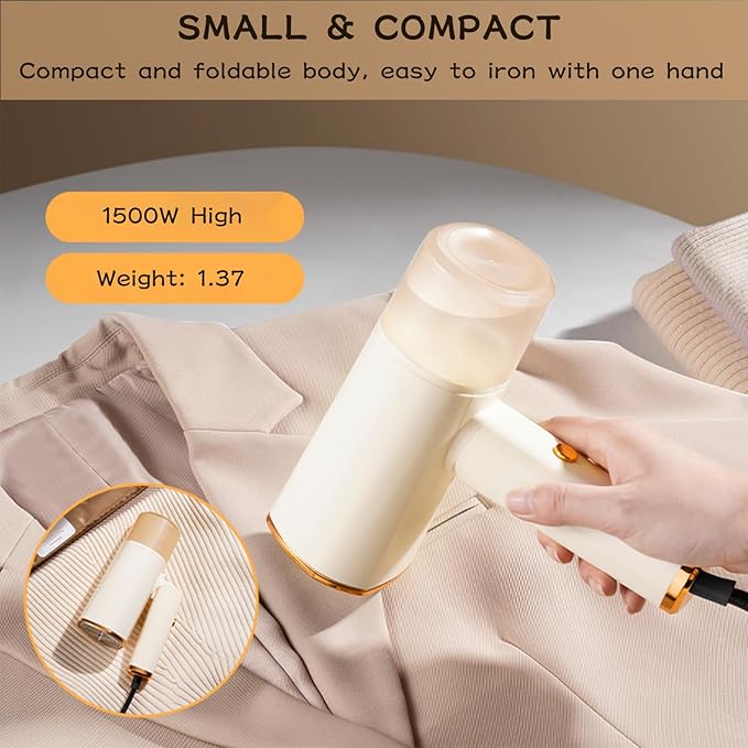 Portable Handheld Steamer, 25S Rapid Preheating 1500W Powerful Clothing Wrinkle Remover, A Small Foldable Steam Iron Suitable for Garments, Fabrics & Curtains (Beige)