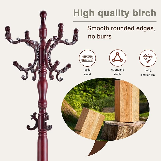 Wooden coat rack stand, Heavy duty coat racks tree freestanding with storage basket, Coat tree for jacket,Hats, Bags, Purses, clothes (Triangular base-Redwood 1)
