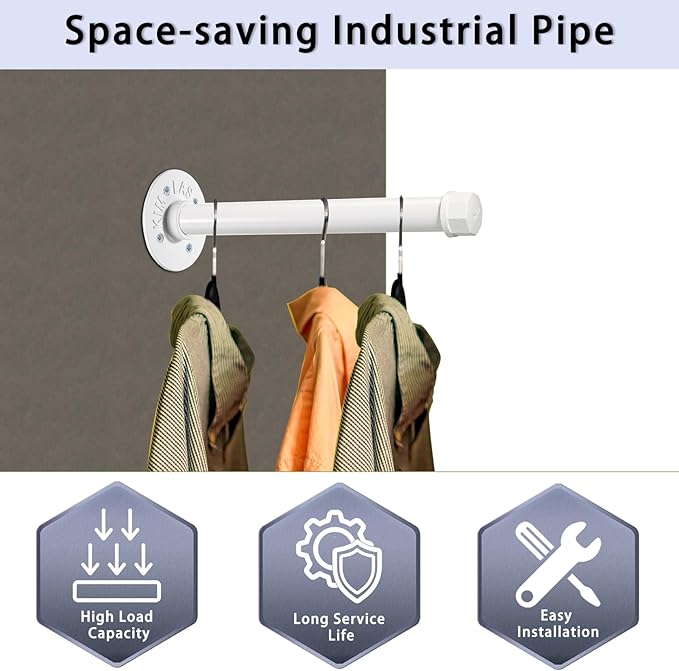 Sumnacon 2 Pcs 10 Inch Industrial Pipe Clothes Bar - Heavy Duty Rustic Metal Coat Hanger with Screws,Wall-Mounted Garment Holder Rack for Bedroom Bathroom Wardrobe Boutique Clothing Store,White
