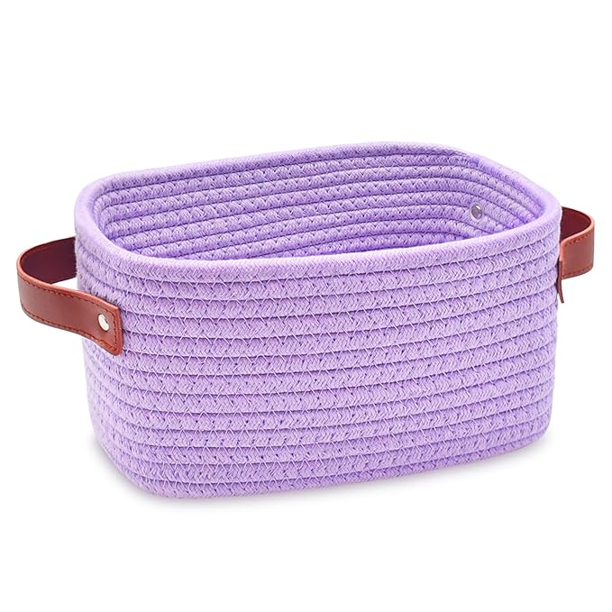 ABenkle Small Storage Basket, Mini Baskets with Handle, Cute Cotton Woven Baskets for Shelves, Boho Decorative Toy Storage Bin for Nursery, Spa, Empty Gift Basket - XS, Purple