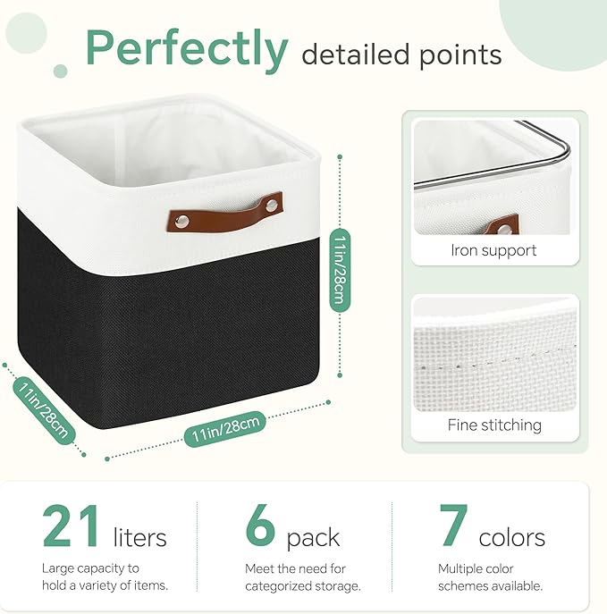 Cube Storage Baskets 6 Pack, 11x11 inch Cube Storage Bins with Leather Handles for Shelf Closet (White/ Black)
