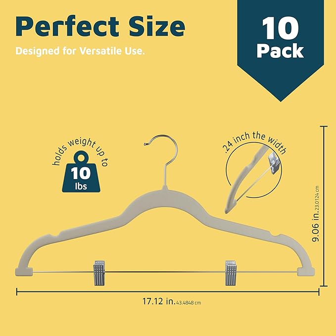 Lifemaster Velvet Skirt Hangers – with Adjustable Clips, 360 Degree Swivel Hook, and Non-Slip Shoulder Notch, Holds Up to 10 lbs, for Organizing Skirt, Pants, Dress, and Clothes, Pack of 10, Ivory