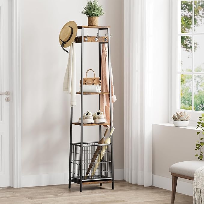 Coat Rack Freestanding with Umbrella Holder, Coat Stand with 2 Shelves and 7 Hooks, Hall Tree, Clothes Rack Stand Organizer for Hallway, Entryway, Living Room, Rustic Brown and Black