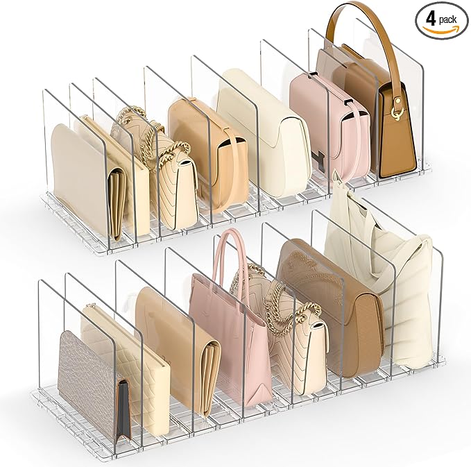 Bag Purse Organizer for Closet: Shelf Dividers Adjustable Acrylic Handbag Storage - Plastic Closet Organizers and Storage for Clutches - Keep Carteras & Pocketbook Upright