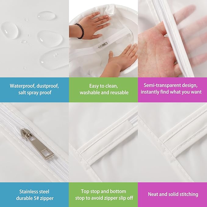 Hanging Garment Bags 12 Piece Set - 60 Inch Translucent Dust Proof Clothes Bag White Breathable Full Zipper Dust Cover for Suit Dance Costumes Gown Dress.