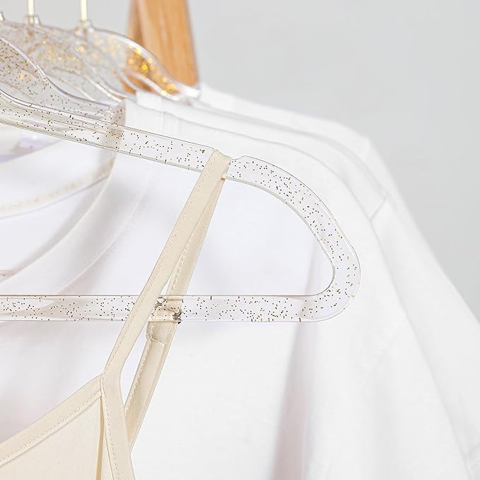 Clear Acrylic Plastic Hangers for Clothes for Adult Closet Heavy Duty Hangers Space Saving 360 Degree Swivel Hook and Notches (20, Gold/Gold Glitter)