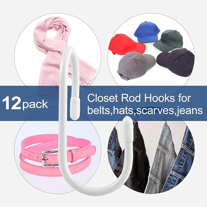 12 Pack Heavy Duty Twist Design Purse Hanger for Closet - Anti-Slip Vinyl Coated Metal 4 inch Large S Hooks, Multipurpose Organizer for Purses, Handbags, Belts, Scarves, Hats, White
