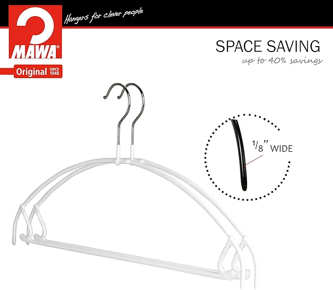 Mawa by Reston Lloyd Euro Ultra Light/Thin Series, Non-Slip Space Saving Clothes Hanger with Bar & Hook for Pants and Skirts, Style 42/PTU, Set of 130, White
