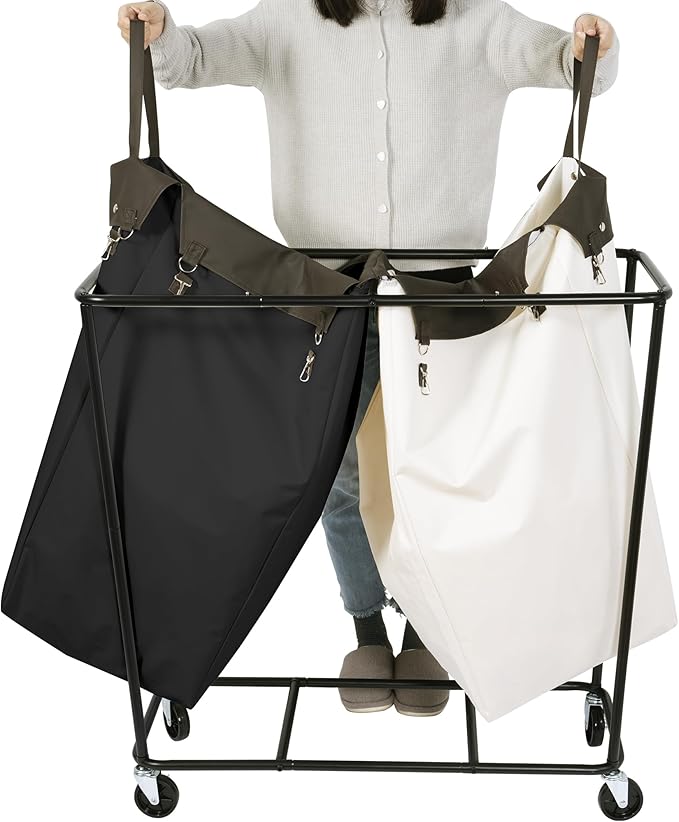390L Laundry Hamper Sorter with Wheels, Extra Large Laundry Basket Heavy-Duty Rolling Cart with Removable Bags, Laundry Cart for Hotel and Home, Beige and Black, 2-Section