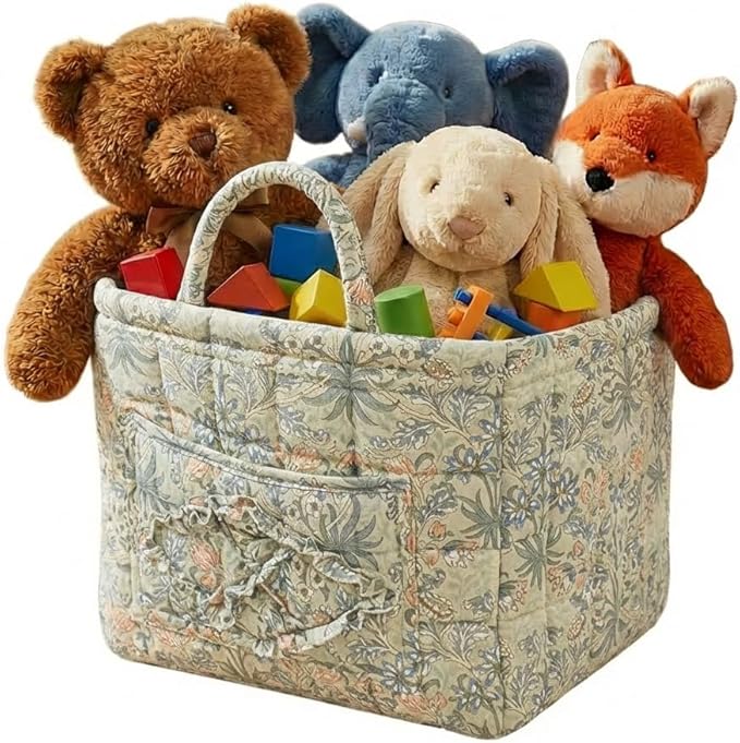 Quilted Fabric Basket Car Storage Basket Boho Floral Laundry Hamper for Nursery Bedroom & Living Room | Organize Clothes Toys