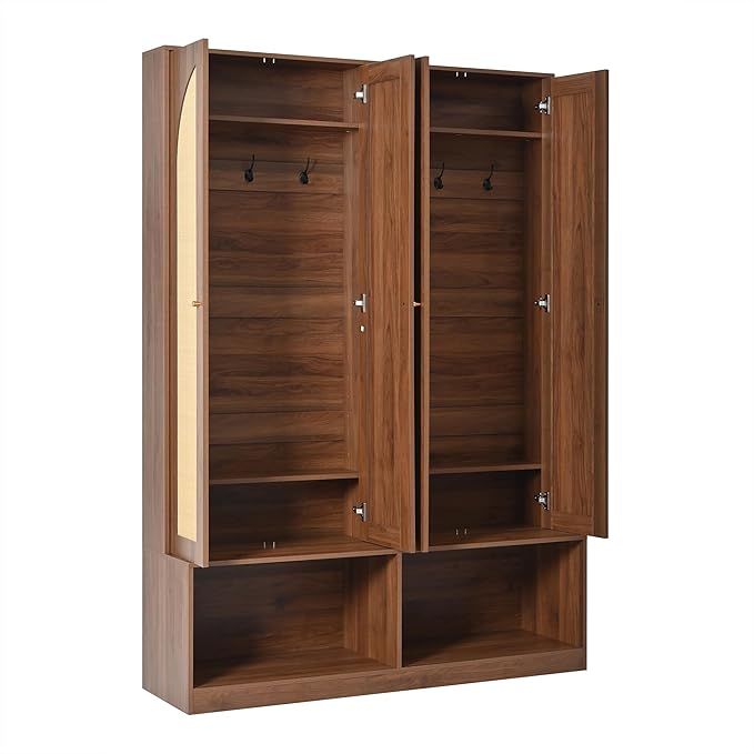 Bohemian Farmhouse Widen Hall Tree with 4 Rattan Doors, Versatile 4-in-1 Hall Tree, Mid-Century Entryway Shoe Cabinet with Adjustable Shelf and 6 Hooks, Seating Bench for Living Room