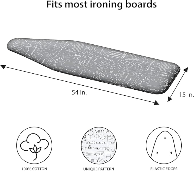 Simplify Ironing Board Cover | Scorch Resistant | Cotton | Thick Padding | Stretch Elastic Fit | Hook and Loop Fasteners | Cover ONLY | Grey