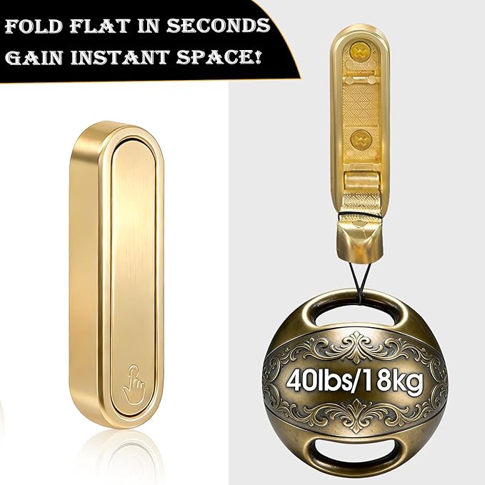 Folding Coat Hooks 2 Pack, Heavy Duty Purse Hook for Wall That Stays Flat, Zinc Alloy Gold Wall Hooks for Towels, Robes, Coats in Bathroom, Closet, Entryway ﻿