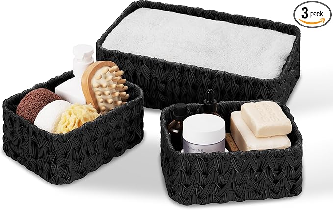 GRANNY SAYS Wicker Baskets for Organizing, Wicker Storage Basket for Shelf, Woven Baskets Oraganizer, Waterproof Vanity Basket for Towel, Home Organization, Black, 3-Pack