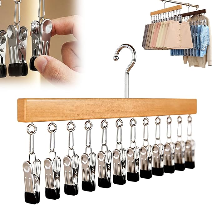 Closet Organizer with 12 Clips, Legging Organizer for Closet, Leggings, Jeans, Hats, Shorts, Socks, 360° Rotating Space Saving Hanging Clothes (Brown 12 Clips, 1Pcs)