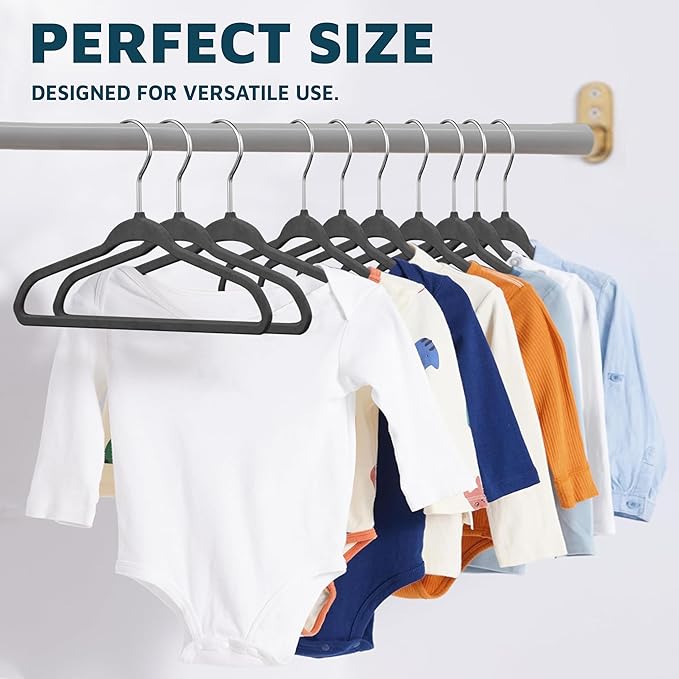 Black Velvet Kids Hangers 50 Pack, 10.83" Non-Slip Baby & Toddler Hangers for Clothes, Space-Saving Slim ABS Plastic with 360° Swivel Hook & Notched Shoulders, Up to 10 lb Capacity