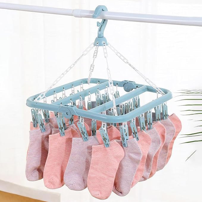 Foldable Clothes Drying Hanger with 32 Clips, Clip and Drip Hangers Clothes Drying Rack, Underwear Hangers for Drying, Laundry Clothes Hanger for Drying Socks Lingerie Baby Clothes Towels Bras Hat
