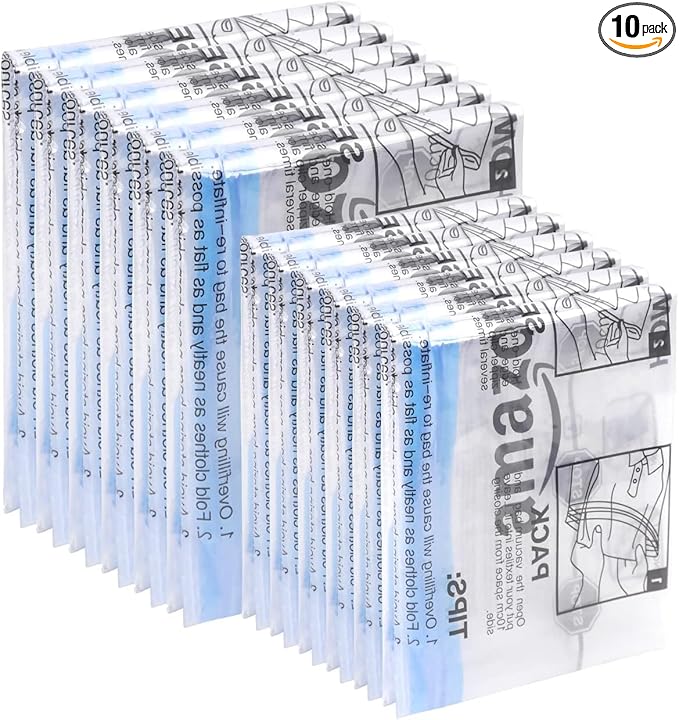 Amazon Basics Roll-Up Travel Compression Storage Bags for Clothes and Towels, No Vacuum Needed, Clear, 12 Count (6 Small & 6 Medium) (Pack of 10)