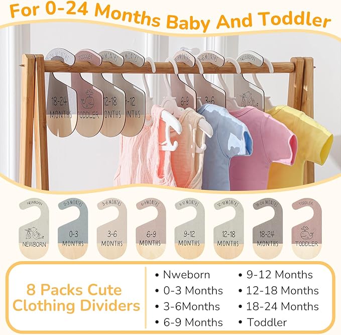 Hsei 38 Pack Baby Closet Organizer System-30 Baby Hangers with 8 Wooden Size Dividers Newborn to 24 Months Nursery Closet Organization Set, Extendable Non-Slip Hangers, Gift for New Moms