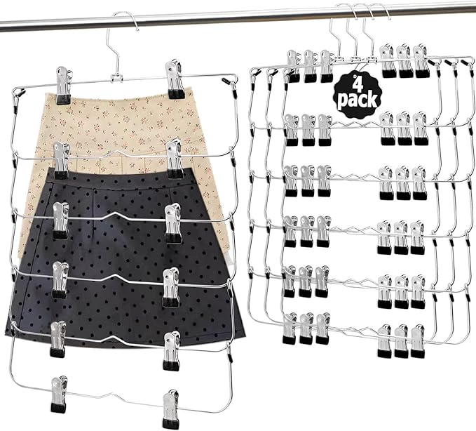 Skirt Pants Hangers with Clips，6Tier Skirt Hangers Space Saving,Metal,Non Slip Closet Organizer and Storage Multi Clothes Shorts Hanger Organization (4, Black)