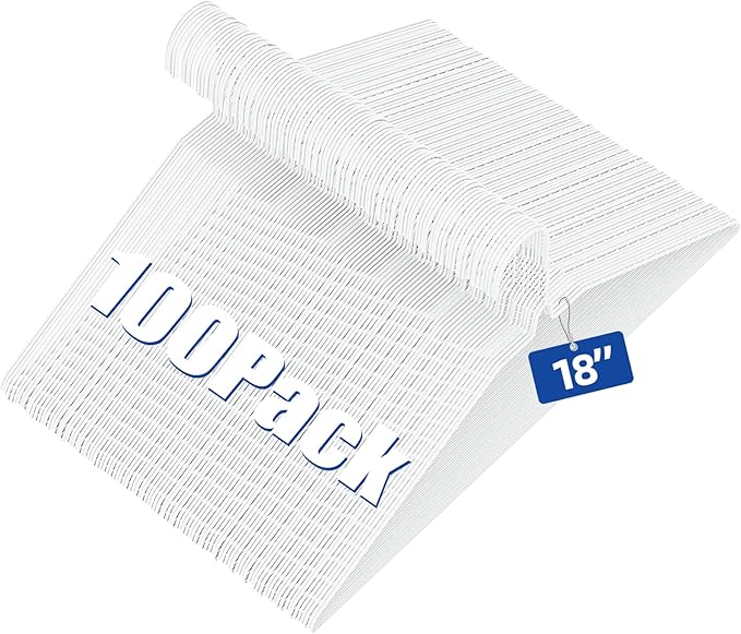 18 Inch Wire Metal Clothes Hangers Bulk 100 Pack, Extra Long for Large Size Suits, Coats, Shirts, Pants, Skirts, Ultra Thin, Space Saving, Non Slip, White