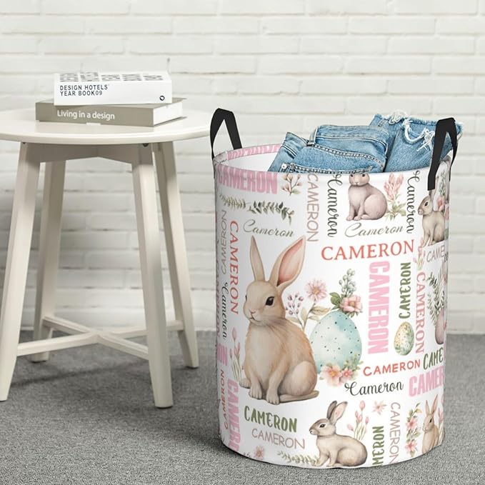Bunny Laundry Basket,Personalized Laundry Hamper for Boys Girls,Custom Laundry Basket With Name, Customized Dirty Clothes Hamper for Bathroom Bedrooms,S-16.5"X 13.8"