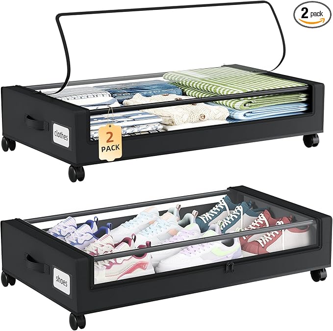 Somdot Under Bed Storage with Wheels, 2 Pack Bed Storage Containers with Dividers & Clear Lids,Easy Pull-out Metal Drawer for Clothes, Shoes,Toys, Blankets (Black)